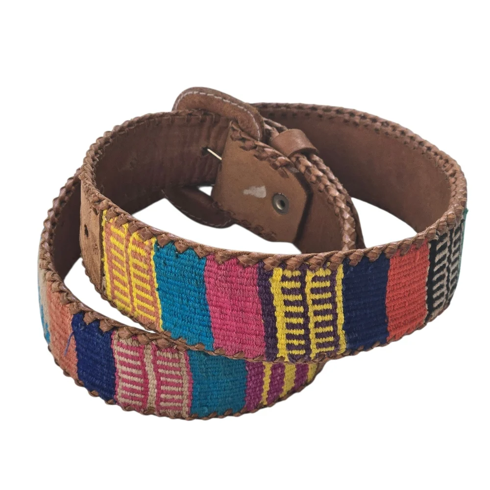 Vintage Guatemalan Handmade Leather & Woven Textile Belt Tan Multicolor Size 30